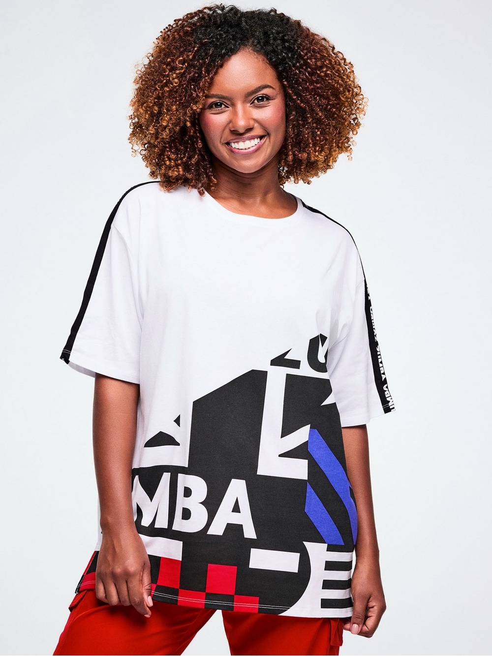 Zumba Fitness White Graphic Tee with Black, Blue & Red Accents